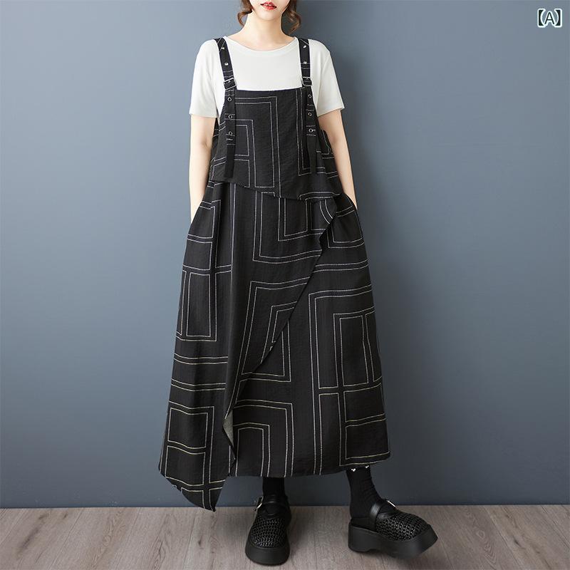 ワンピース レディース 春夏 ジャンパースカート ロング丈 ノースリーブ ゆったり ルーズ 大きいサイズ 総柄 プリント 切り替え アシンメトリー 文芸風 ゴシック カジュアル エレガント