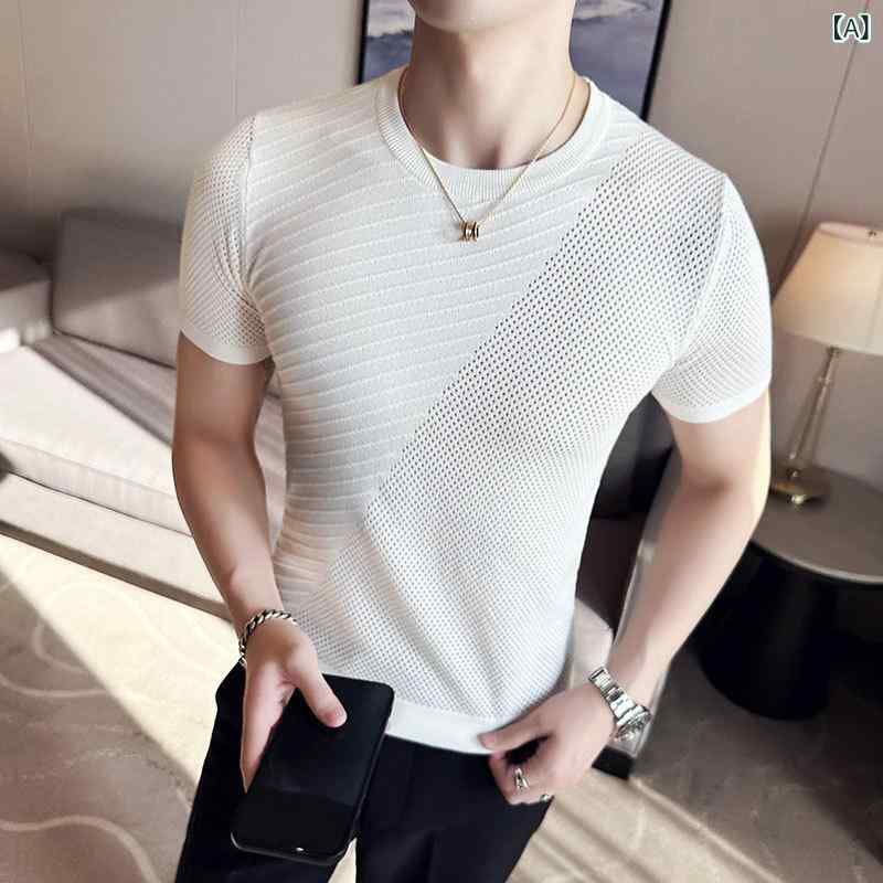 Tシャツ メンズ きれいめカジュアル 春夏 接触冷感 メッシュ切り替え 再生繊維 コットンブレンド ストレッチ スリムフィット 丸首 半袖トップス 透湿 速乾 防シワ