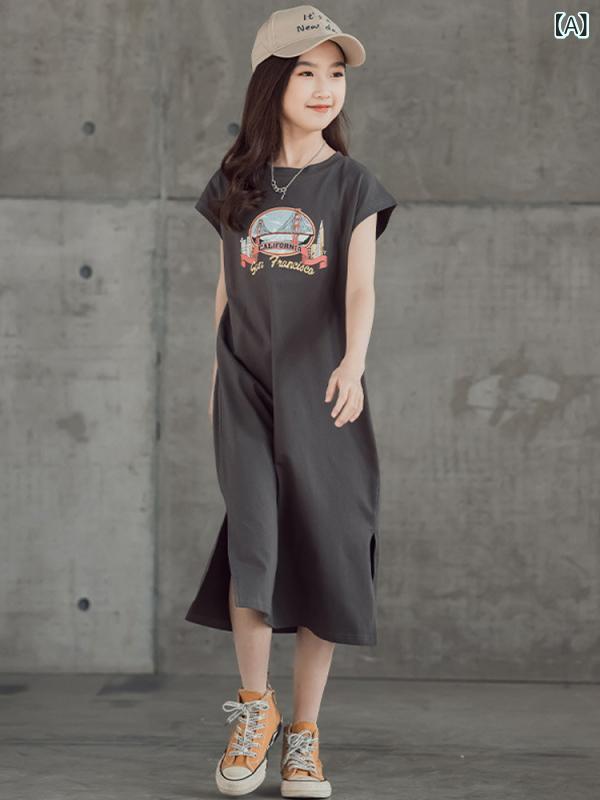 ワンピース 女の子 ジュニア Tシャツ ノースリーブ ゆったり Aライン ロング丈 綿 コットン 薄手 韓国風 カジュアル 春夏 キャラクター ロゴ プリント