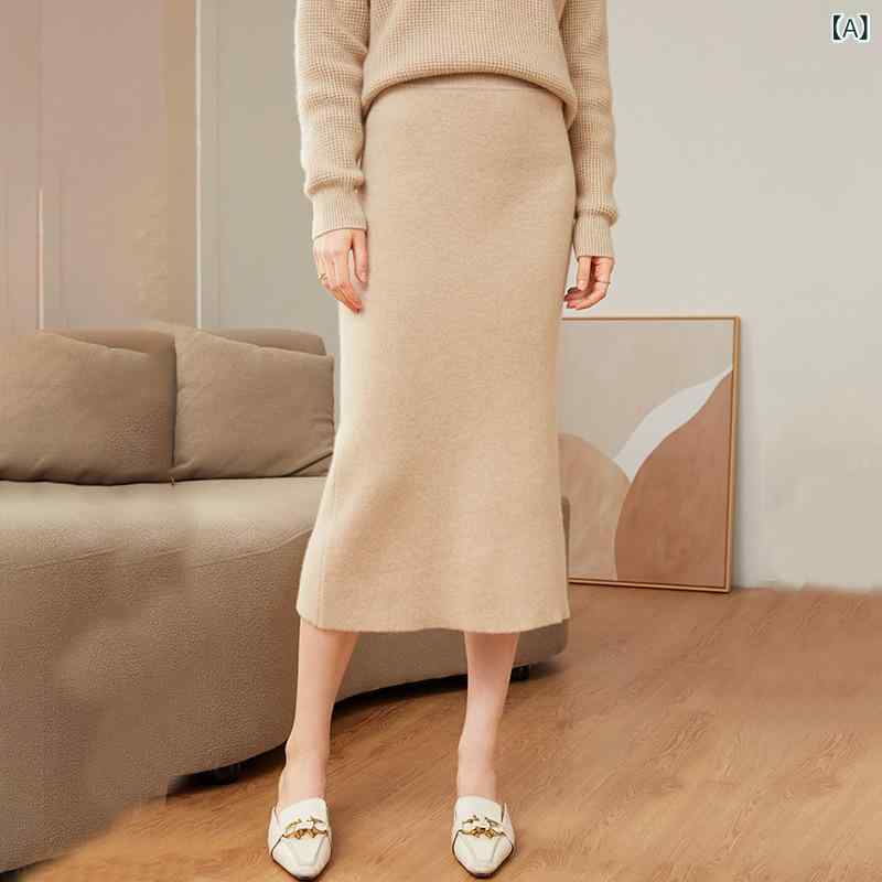 スカート レディース カシミヤ 春秋 ミディ丈 スリット入り 厚手 スリムフィット 上品 きれいめ 通勤 オフィス ミドルストレッチ 伸縮性 無地