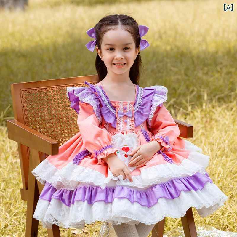 ワンピース キッズ 女の子 春秋 長袖 ロリータ プリンセスドレス ふわふわ チュール 綿 ピンク Aライン ジュニア お出かけ 発表会