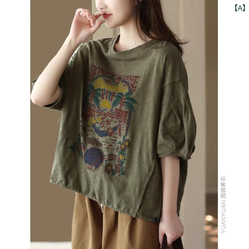 Tシャツ レディース 夏物 レトロカジュアル 竹繊維 コットン混 ゆったり 半袖 プルオーバー プリント ラウンドネック トップス 着回し デイリーユース