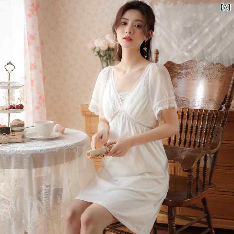 ルームワンピース レディース 女性用 半袖 夏 綿 カップ付き ミニ丈 Vネック レース プリンセス 宮廷風 スイート かわいい フレンチスタイル カジュアル 通気性 伸縮性 接触冷感 快適 部屋着 お洒落着 パジャマ ネグリジェ 白