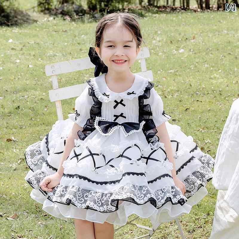 ワンピース 女の子 キッズ 春夏 プリンセス ロリータ お姫様 ボリュームスカート 半袖 オーガンジー レース フリル ティアード ふわふわ フォーマル 発表会 コットン ポリエステル 裏地付き ホワイト