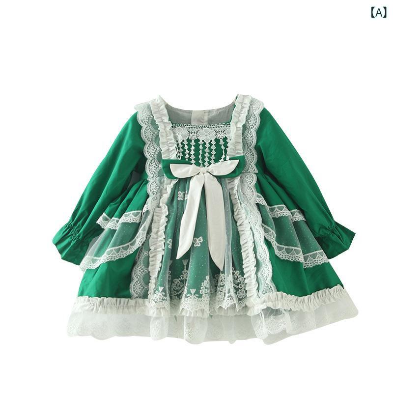 ワンピース 女の子 キッズ ロリータ プリンセスドレス かわいい コットン 長袖 Aライン 高級感 エレガント グリーン 春秋 パーティー 発表会 お出かけ