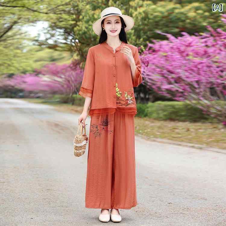 セットアップ レディース ミセス 女性用 チャイナ風 中華スタイル 春夏 五分袖 綿麻 ワイドパンツ 花柄 ゆったり 若見え 体型カバー 涼しい 普段使い お出かけ 4,561円