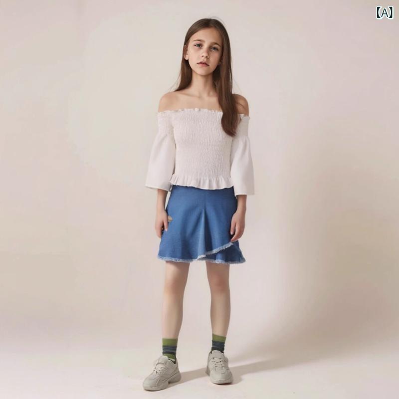 セットアップ 女の子 女児 キッズ 春夏 オフショルダー トップス 肩出し デニム ミニスカート ショート丈 綿 コットン 薄手 涼しい カジュアル 普段着 お出かけ 上下セット 無地 白 赤 黄