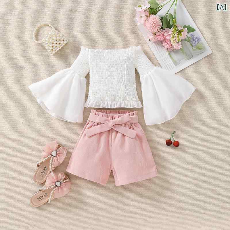 セットアップ キッズ 女の子 子供服 ベビー カジュアル オフショルダー ゆったり ビッグシルエット トップス ショートパンツ 薄手 無地 プルオーバー 綿混 2点セット 春夏