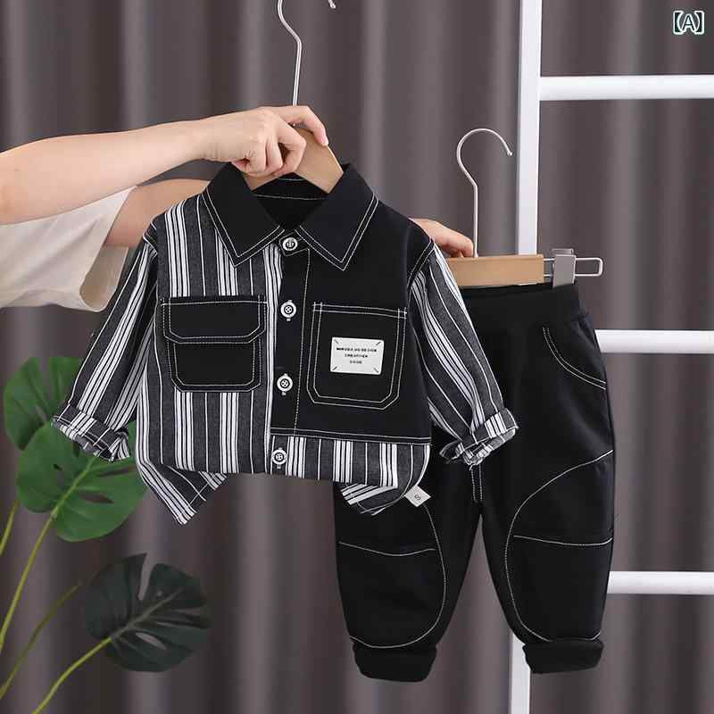 ベビー服 男の子 春秋 セットアップ 襟付き 長袖 ストライプ柄 シャツ ロングパンツ 綿素材 かわいい おしゃれ カジュアル ブラック ブラウン 上下2点セット