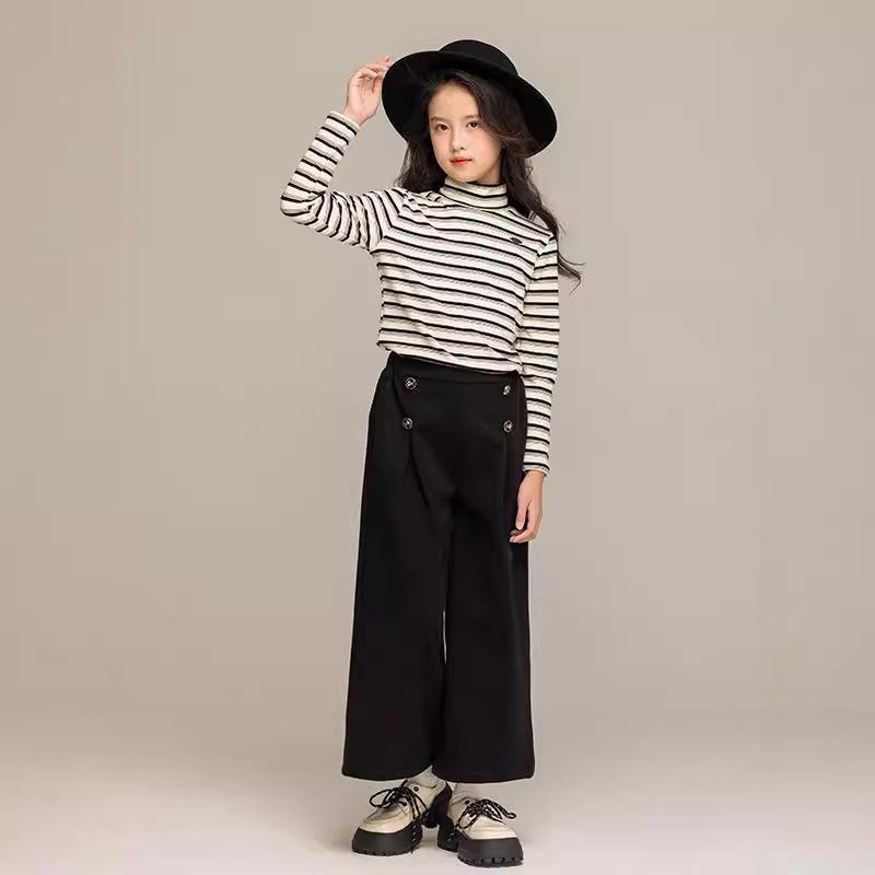 キッズ 女の子 秋冬 長袖 ストライプ トップス モックネック ワイドパンツ アンクル丈 セットアップ ポリエステル 柔らか素材 韓国ファッション 通学 普段使い 黒
