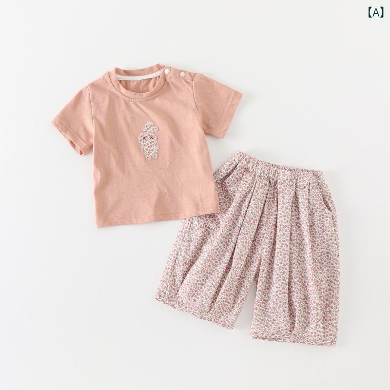 キッズ 女児 ベビー 夏服 サマーウェア 半袖 ショートスリーブ セットアップ ツーピース 上下セット 2点セット パンツセット ハーフパンツ クロップド 薄手 綿混 かわいい キュート 韓国風 おしゃれ トレンド