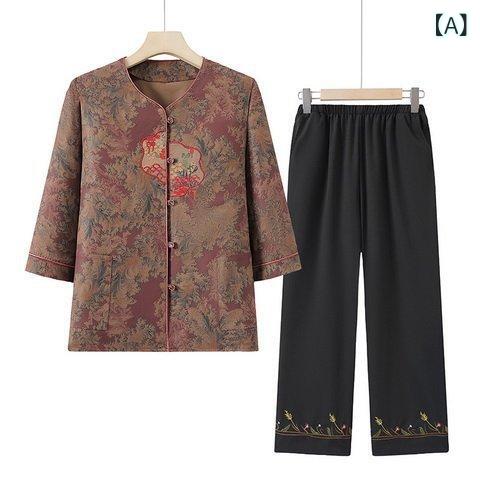セットアップ シニア 中高年 レディース 春夏 中国風 花柄 シャツ ブラウス クロップドパンツ ゆったり 薄手 普段使い カジュアル 上下セット