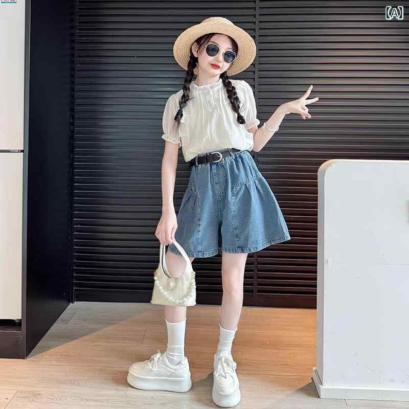 キュロット 女の子 キッズ ジュニア デニム コットン ハイウエスト ショート丈 スカートパンツ おしゃれ カジュアル 普段着 通学 着回し 万能 夏 薄手 涼しい 快適 スカパン 無地