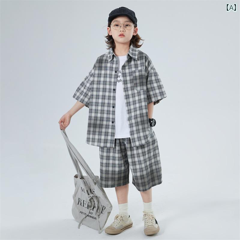 セットアップ 男の子 ボーイズ 男児 格子柄 チェック シャツ トップス 半袖 ショートパンツ ハーフパンツ 綿 コットン 春夏 カジュアル 韓国風 ゆったり ビッグシルエット おしゃれ トレンド 2点セット