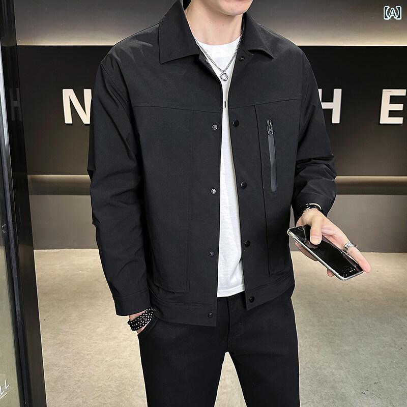 ジャケット メンズ 男性用 春夏 襟付き ジップアップ 長袖 アウター ブルゾン ジャンパー トップス カジュアル 普段使い 綿混 ポリエステル混紡 レギュラーフィット ブラック グリーン 黒 緑