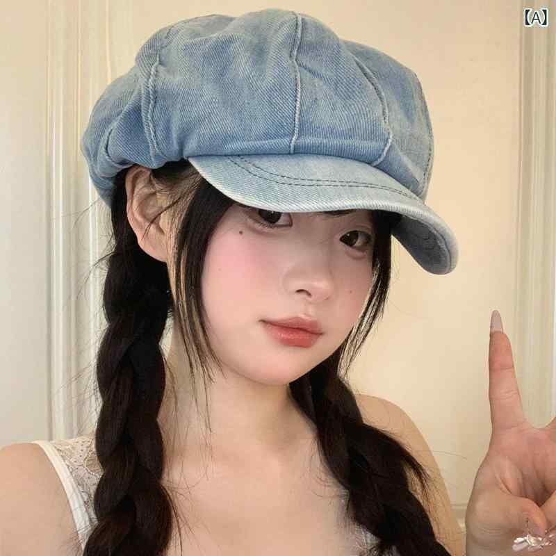 帽子 レディース レトロ ウォッシュ加工 デニム ベレー帽 八角帽 キャスケット ハンチング ふんわり 小顔効果 ナチュラル カジュアル 春夏 普段使い お出かけ 綿