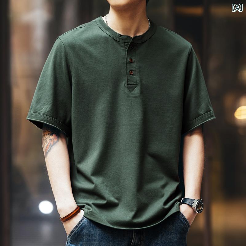 Tシャツ メンズ ヘンリーネック 半袖 ゆったり ビッグシルエット 綿 コットン 薄手 通気性 アメカジ カジュアル デイリーユース 夏物