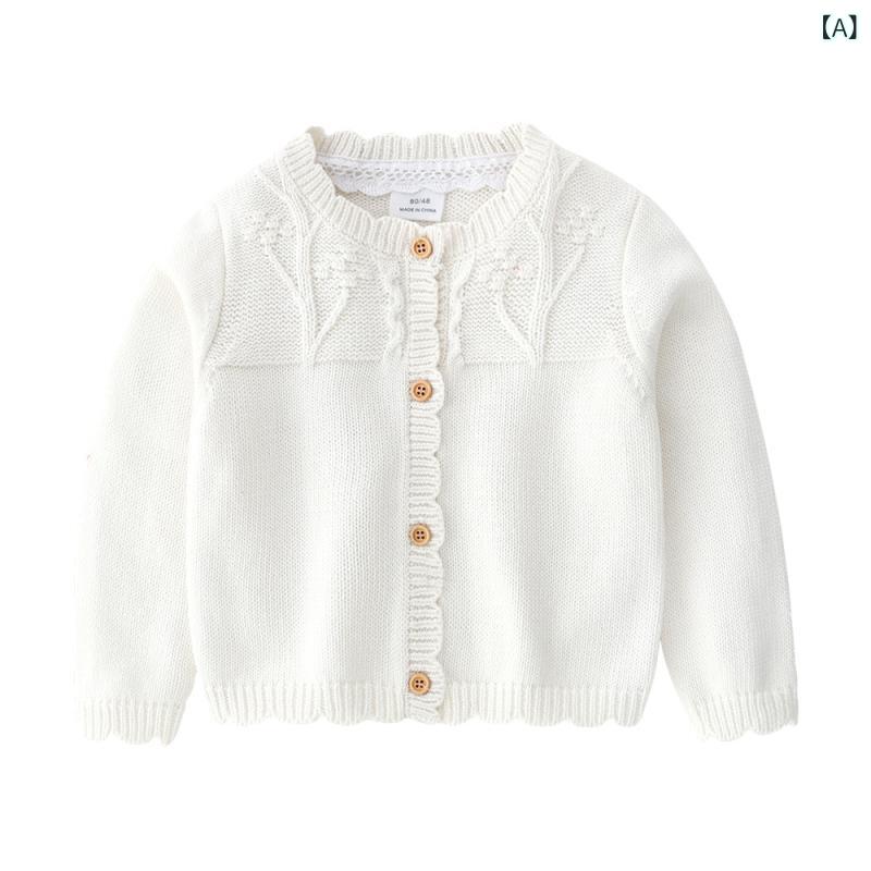 ベビー服 女の子 カーディガン コットン ニット レースフリル ラウンドネック 枝柄デザイン 前開き ショート丈 柔らかい肌触り 春秋 赤ちゃん 羽織り