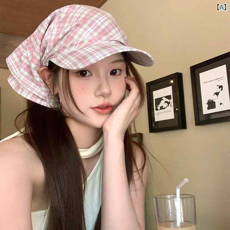 キャップ レディース 韓国風 個性的 ピンク チェック柄 三角巾風 UVカット 日よけ 通気性 綿混 春夏 かわいい フェミニン 普段使い アウトドア
