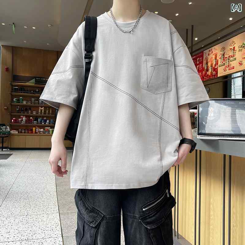 Tシャツ メンズ 半袖 男性用 トップス 綿 コットン クルーネック 丸首 ポケット付き アシンメトリー デザイン 無地 薄手 吸湿速乾 耐摩耗性 カジュアル 普段使い 春夏 ライトグレー ダークグレー ブラック ライトベージュ