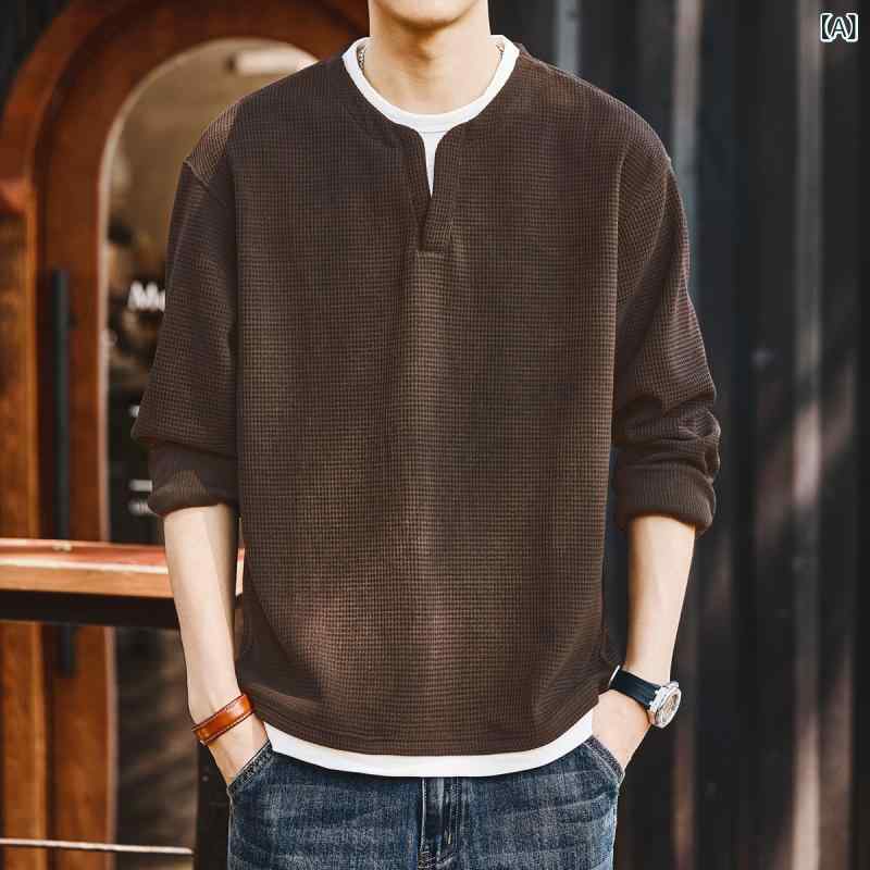 Tシャツ メンズ 男性用 コーヒーブラウン フェイクレイヤード 重ね着風 Vネック 長袖 ゆったり ルーズシルエット オーバーサイズ トップス カットソー ポリエステル 薄手 通気性 快適 カジュアル ストリート 普段使い 春秋