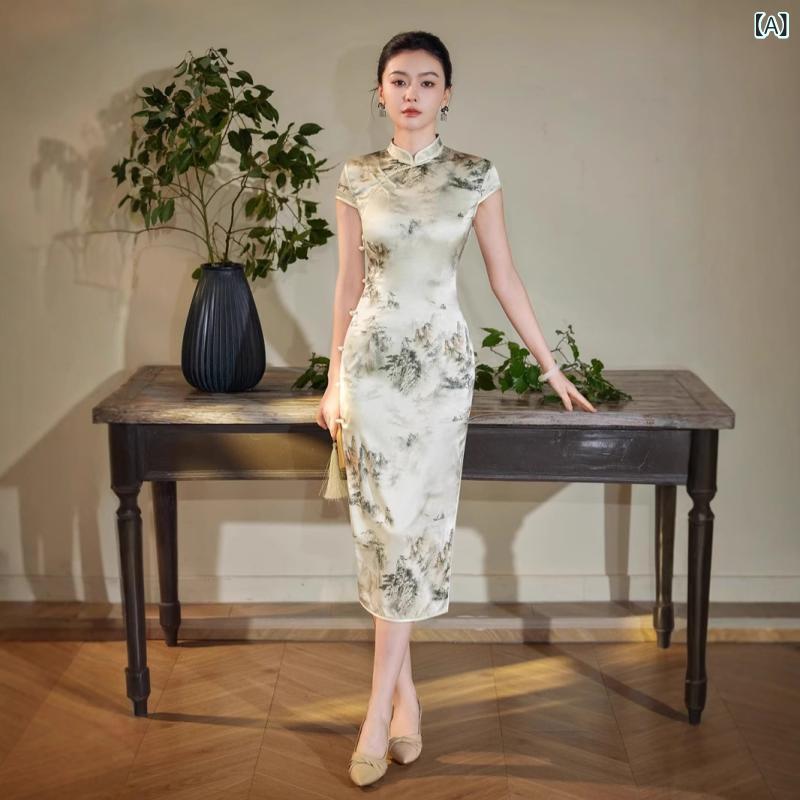 チャイナドレス レディース 女性用 高級感 桑蚕シルク 絹 ミドル丈 水墨画風 プリント柄 半袖 レトロ クラシカル 立襟 斜め襟 微ストレッチ 春夏 小柄向け おしゃれ|ラ・グラーヌ