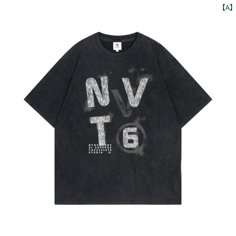 Tシャツ ユニセックス ストリートファッション ソルトウォッシュ加工 ビンテージ ロゴプリント オーバーサイズ クルーネック 半袖 コットン 夏 カジュアル 普段使い 着回し ペア カップル