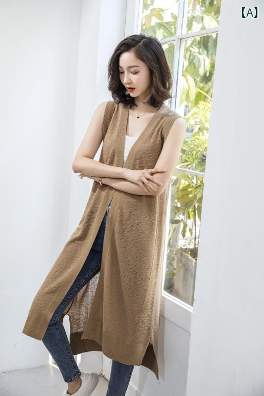 ジレ ベスト レディース 女性用 ニット カーディガン 半袖 ロング丈 ゆったり 大きいサイズ 韓国ファッション カジュアル リラックス 麻 春夏 通勤 カーキ グレー ブラック アプリコット ホワイト