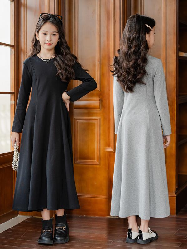ワンピース 女の子 春秋 フレンチスタイル 長袖 Aライン フレアスカート ボリューム感 ウエストマーク 細見え 上品 エレガント 親子コーデ コットン 綿 お出かけ 普段使い ブラック グレー