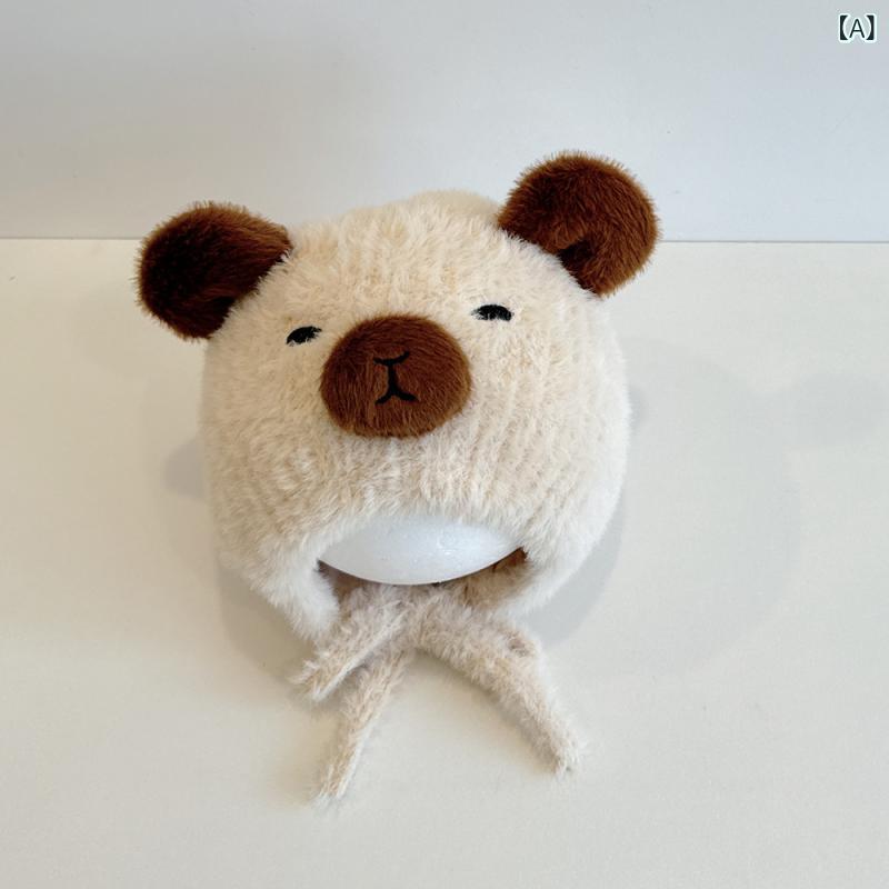 ニット帽 キッズ 男の子 女の子 かわいい クマ 動物 キャラクター 耳付き ボア あったか 防寒 もこもこ フリース 冬用 カジュアル お出かけ ベージュ カーキ ブラウン