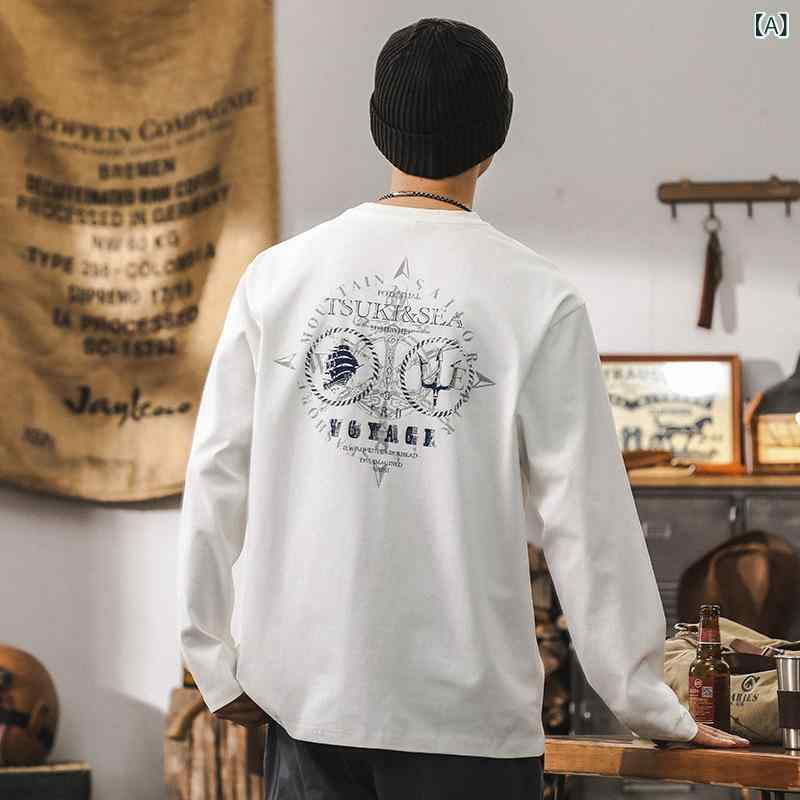 Tシャツ メンズ 長袖 クルーネック ヘビーウェイト アメカジ ルーズフィット ビッグシルエット デザインプリント 立体裁断 綿 コーマ綿 抗菌機能 スポーツ アウトドア カジュアル 秋 秋冬 オフホワイト