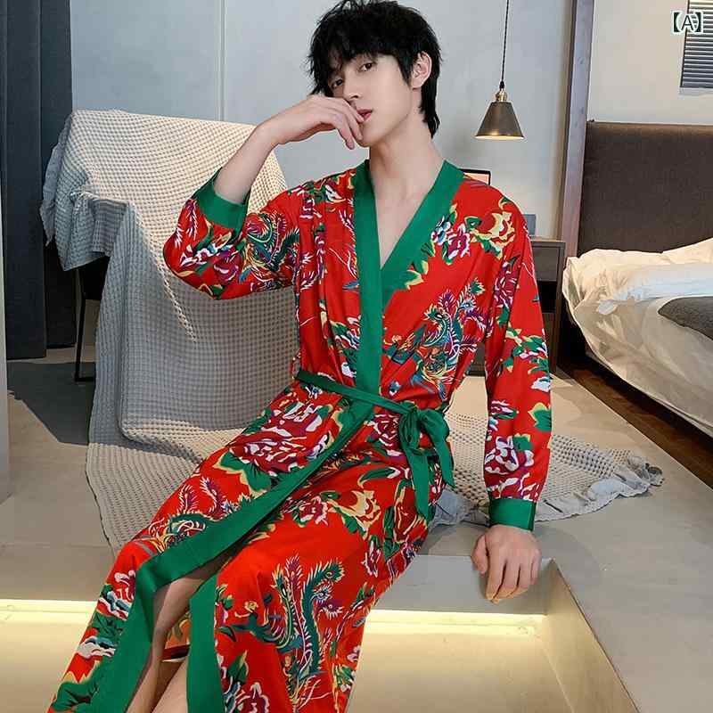 ガウン ユニセックス 男女兼用 春夏 接触冷感 再生繊維 長袖 ゆったり ミドル丈 バスローブ ルームウェア パジャマ 東北大花柄 リラックスウェア 薄手 軽量