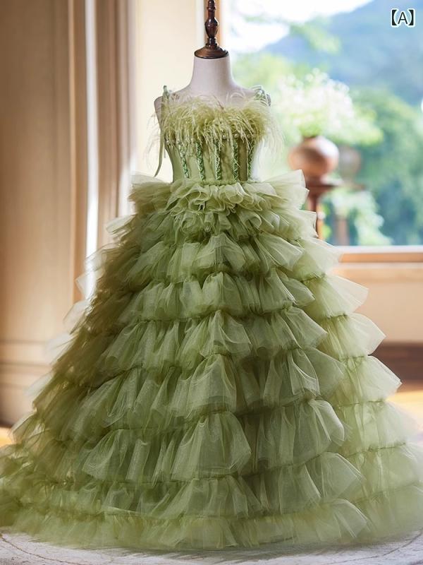 ドレス 女の子 ジュニア キッズ プリンセス グリーン ピアノ発表会 結婚式 入学式 卒業式 七五三 フォーマル ロング丈 チュール エレガント 華やか 上品 舞台衣装｜ラ・グラーヌ