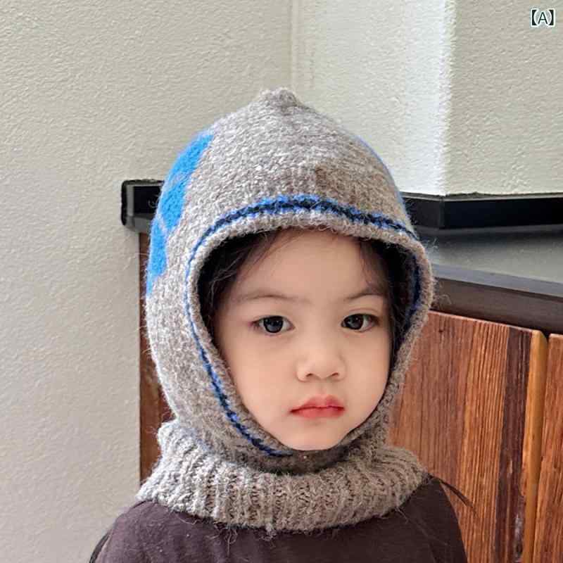ニット帽 ベビー キッズ 子供 男の子 女の子 バラクラバ 目出し帽 フード帽 防寒 防風 耳あて 首元保護 あったか 一体型 韓国風 秋冬 グレー グリーン ブラウン ベージュ