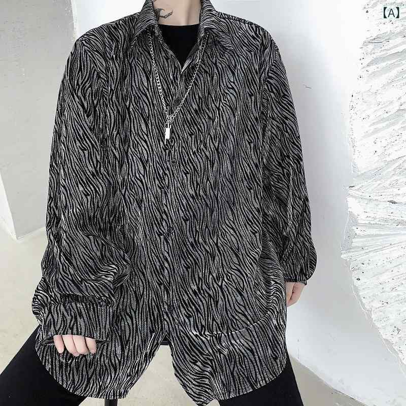 シャツ メンズ ゼブラ柄 シルバーラメ 光沢 フロッキージャカード ビッグシルエット ゆったり 長袖 薄手 春秋 ダンス ストリート モード系 シャツアウター