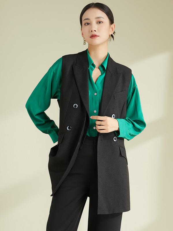 ジレ レディース 女性用 フレンチシック スーツ ベスト ノースリーブジャケット Vネック ミドル丈 ベルト付き 無地 ゆったり カジュアル きれいめ オフィス 通勤 ブラック 秋冬 アウター