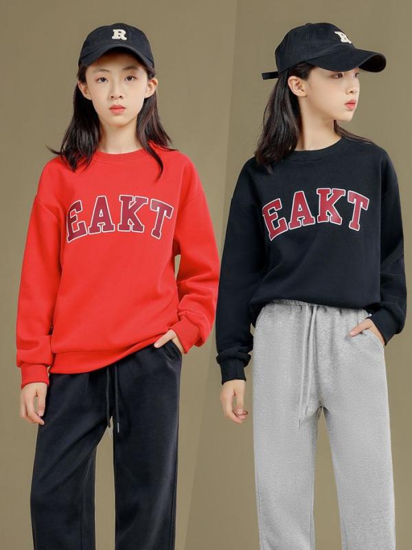 スウェット トレーナー キッズ 女の子 ゆったり オーバーサイズ クルーネック 丸首 ロゴ アルファベットプリント ラグランスリーブ 長袖 綿 コットン 裏起毛 厚手 カジュアル 春秋 レッド ブラック