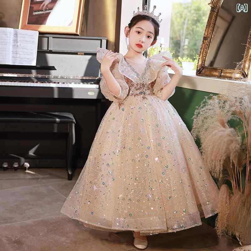 ドレス 女の子 キッズ ジュニア プリンセスドレス ロング丈 結婚式 フラワーガール 発表会 演奏会 誕生日 フォーマル セレモニー お祝い パーティードレス かわいい ポリエステル麻混紡