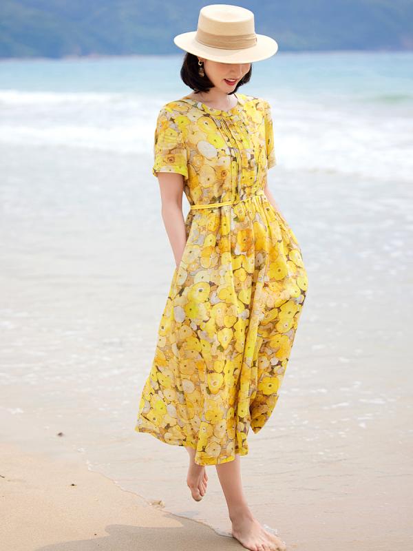 ワンピース レディース 春夏 イエロー 花柄プリント リネン 麻 半袖 薄手 Aライン ロング丈 マキシ丈 ラウンドネック ハイウエスト ウエストリボン 旅行 上品 エレガント フェミニン