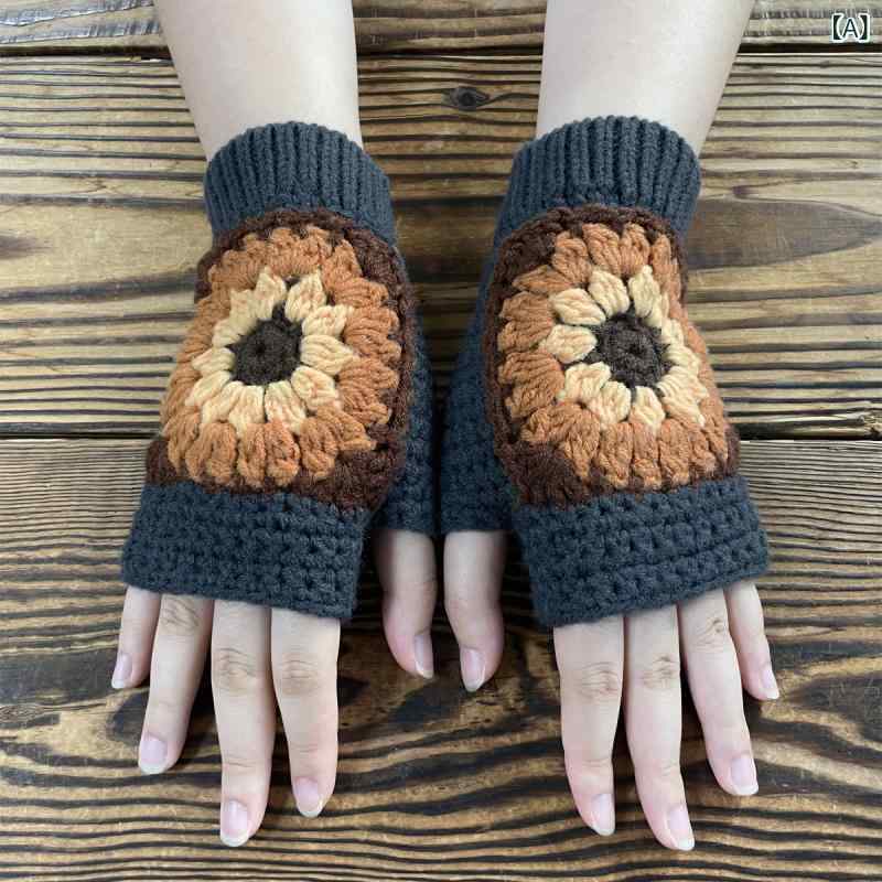 手袋 レディース 指なし グローブ ニット 手編み ハンドメイド ひまわり 花柄 かわいい フェミニン アクリル 防寒 保温 暖かい 秋冬 冬 お出かけ 普段使い