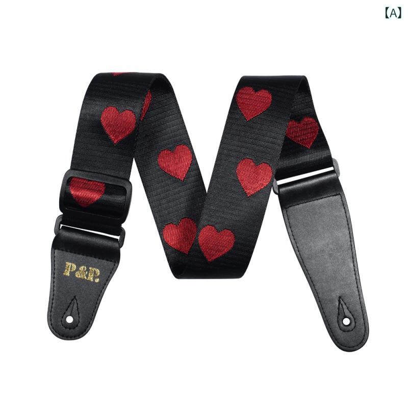 Musical instrument accessories, guitar strap, folk guitar, electric guitar, acoustic guitar, nylon, width 5 cm, adjustable length, red heart, ethnic diamond pattern, for live practice performances