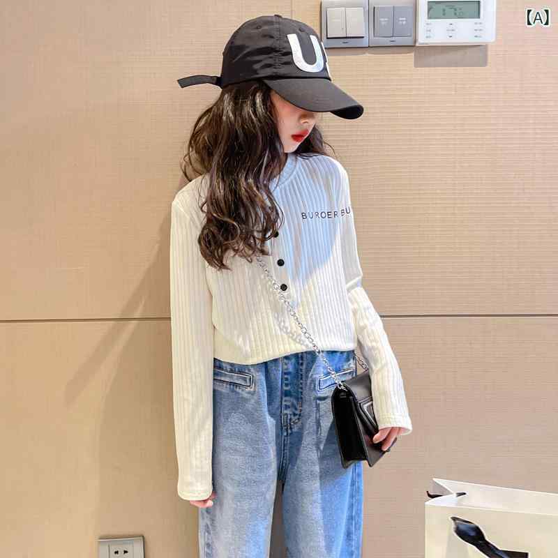 Tシャツ 女の子 キッズ 春秋 長袖 綿 丸首 吸湿速乾 ロゴジャカード おしゃれ 上品 着回し抜群 トップス インナー カットソー 韓国風 オフホワイト ブラック