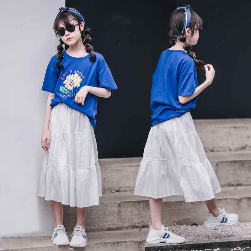 フレアスカート 女の子 ガールズ 子供 ジュニア 夏 膝丈 韓国風 Aライン コットン 綿 カジュアル おしゃれ 普段使い お出かけ 通学 通気性 ホワイト