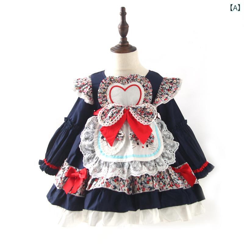 ワンピース 女の子 キッズ 秋冬 ロリータ風 かわいい 小花柄 キャラクター ふんわり パフスカート Aライン 長袖 綿 コットン ダークブルー 紺