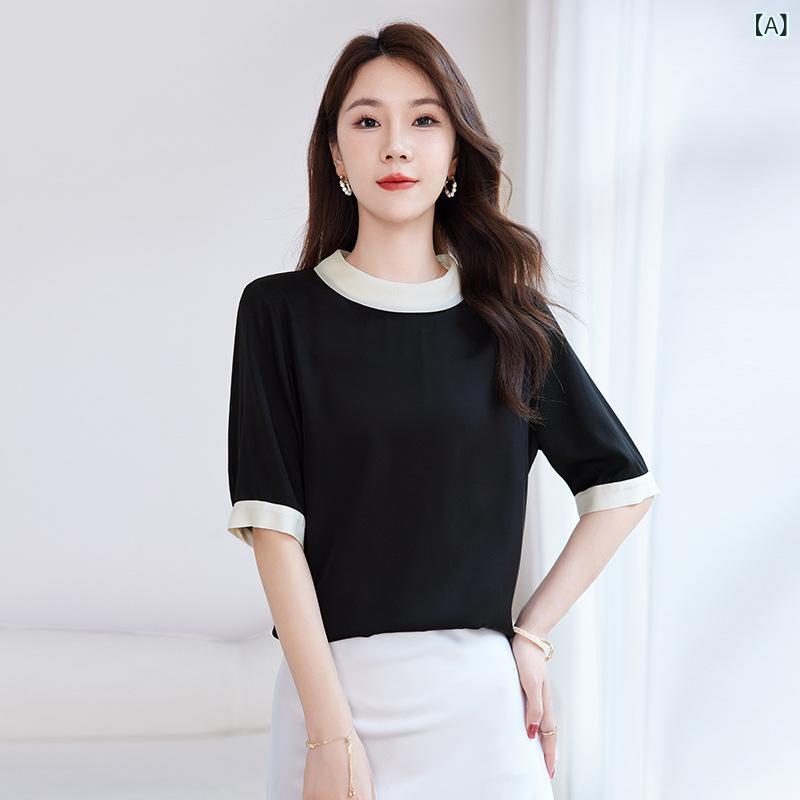 トップス レディース 春夏 桑蚕シルク ストレッチ 無地 切り替え 半袖 クルーネック Tシャツ ブラウス ゆったり シンプル 上品 通勤 デイリー