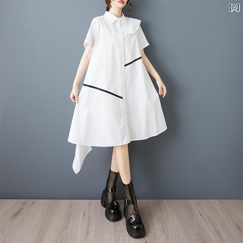 シャツワンピース レディース 春夏 ゆったり オーバーサイズ デザイン フリル切り替え アシンメトリー ジップ 半袖 コットン 無地 Aライン ミモレ丈 カジュアル きれいめ 通勤 オフィス ホワイト ブラック