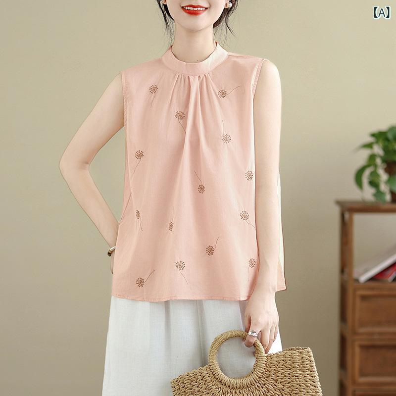 ブラウス レディース 女性用 ノースリーブ 刺・墸 前後2WAY バックリボン 麻 リネン エレガント きれいめ 上品 カジュアル 普段使い 春夏 シャンパン グリーン ピンク
