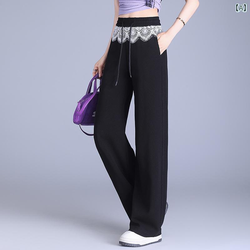 パンツ レディース 夏 薄手 ウエストゴム ドレープ感 レース切り替え ワイド ストレートシルエット カジュアル 通勤 ロング 体型カバー 着痩せ 脚長効果 ハイウエスト ポケット付き 高級感｜ラ・グラーヌ 8,040円
