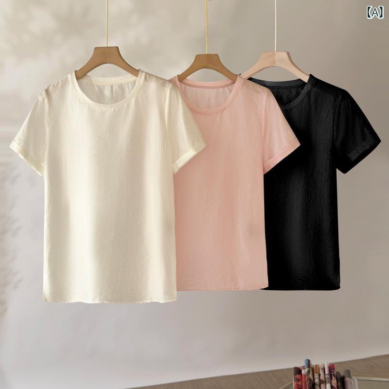 Tシャツ レディース アセテート素材 薄手 軽量 エアリー感 接触冷感 半袖 無地 クルーネック シンプル ベーシック 通勤 オフィス カジュアル ストレートシルエット レギュラー丈 夏