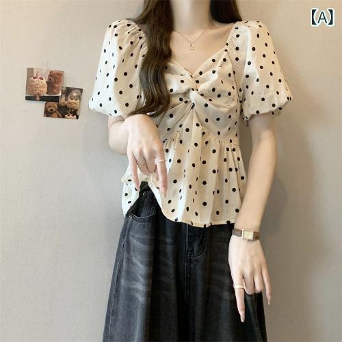 ブラウス レディース 半袖 Vネック シフォン パフスリーブ ドット柄 ゆったり 大きいサイズ ぽっちゃり 細見え ウエスト絞り お腹カバー 体型カバー きれいめカジュアル お出かけ トップス 春夏